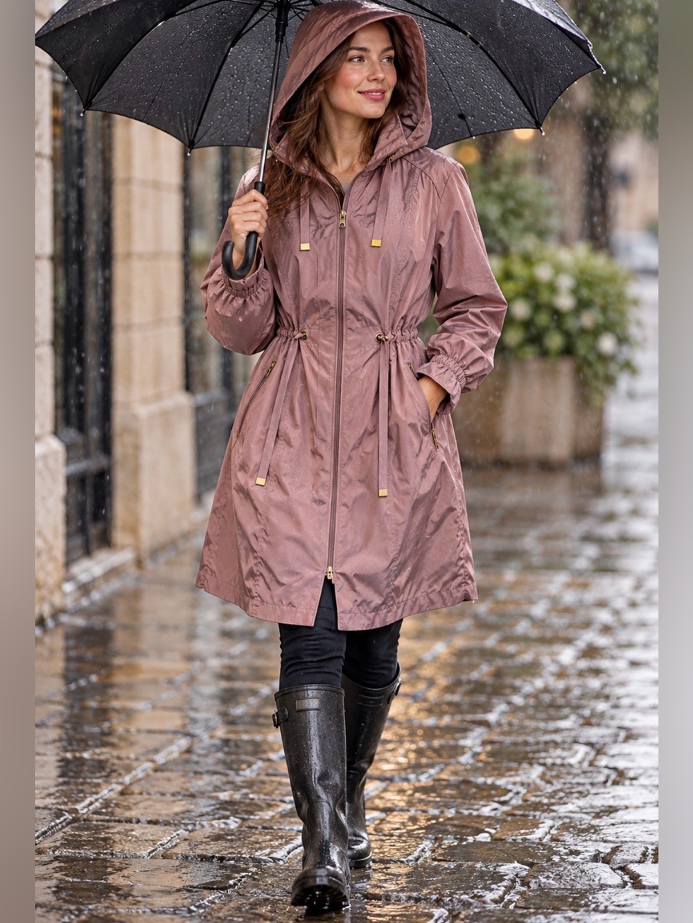 Cole Haan Signature Packable Hooded Travel Raincoat in Iridescent Mauve - Large